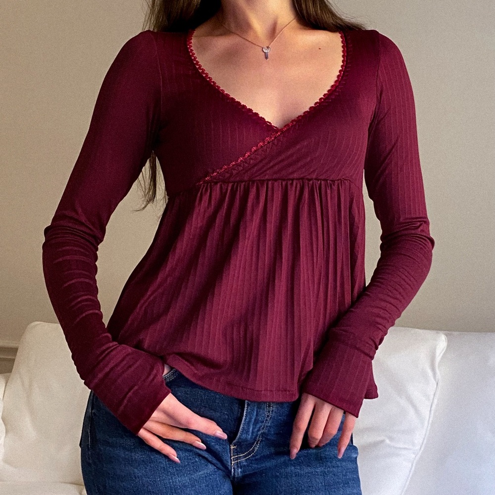 Bella Swan Top - Handmade Ribbed Knit Burgundy Y2K Babydoll Top